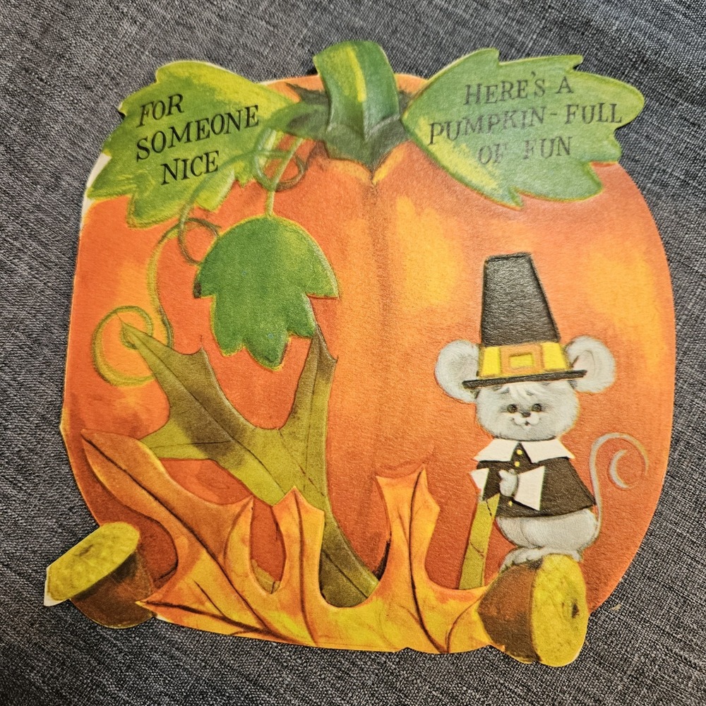 Vintage Hallmark Thanksgiving Card Unused Pumpkin Pilgrim Mouse Coloring